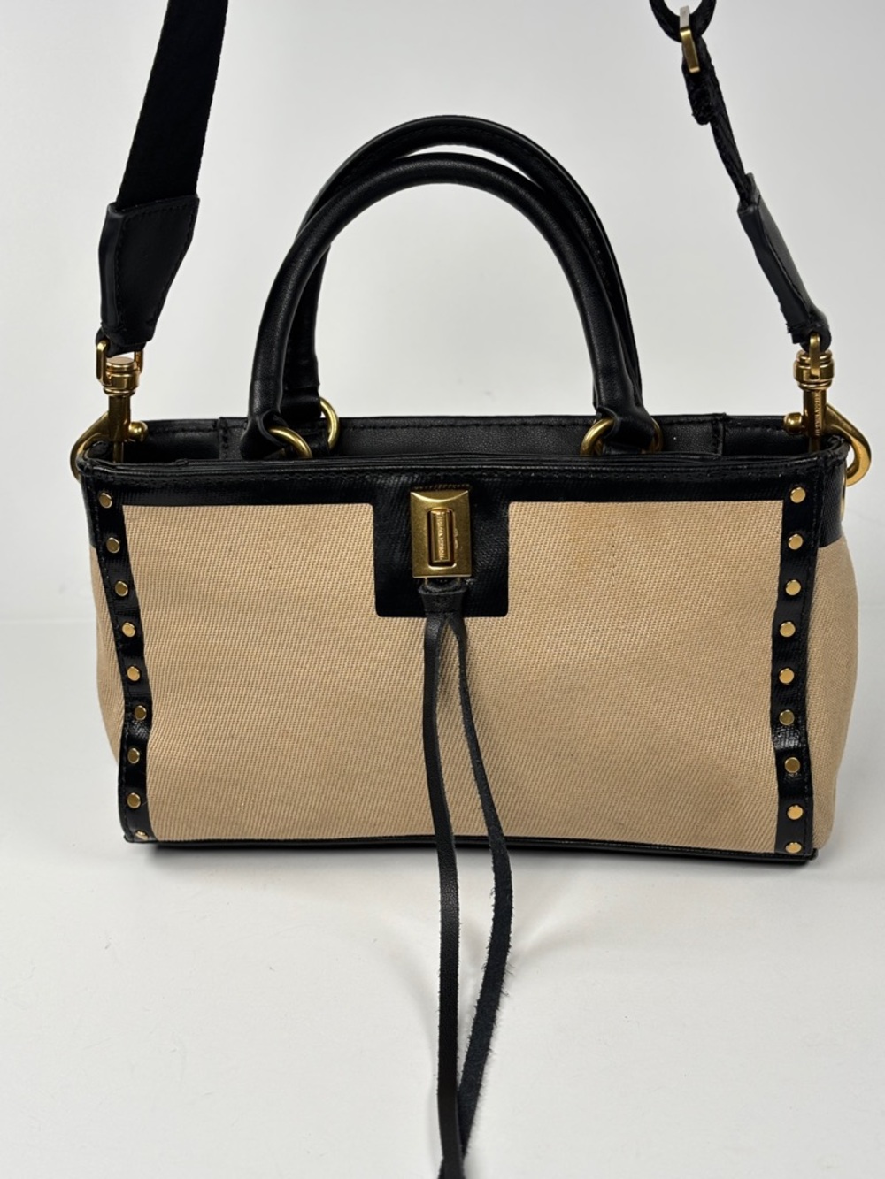 Rebecca Minkoff Black & Beige Canvas and leather Crossbody Satchel. Studded